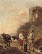 unknow artist A landscape with young boys tending their animals before a set of ruins oil on canvas